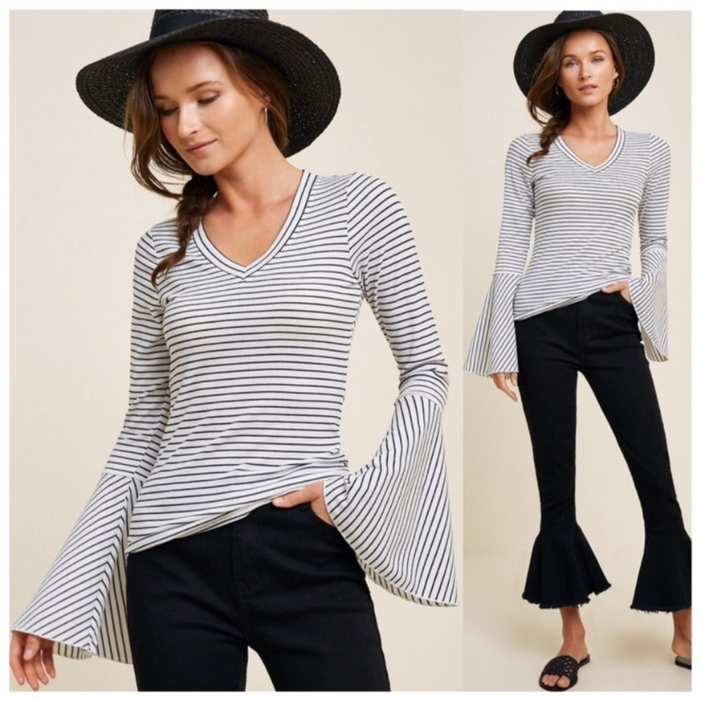 Ribbed Striped Bell Sleeve Top